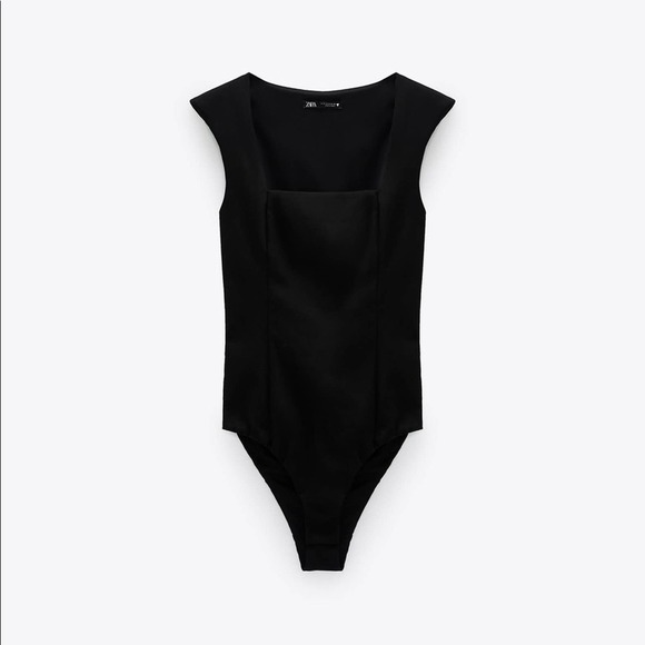 Zara Black  Bodysuit square neckline With Shoulder pads NWT Size Small - Picture 2 of 6